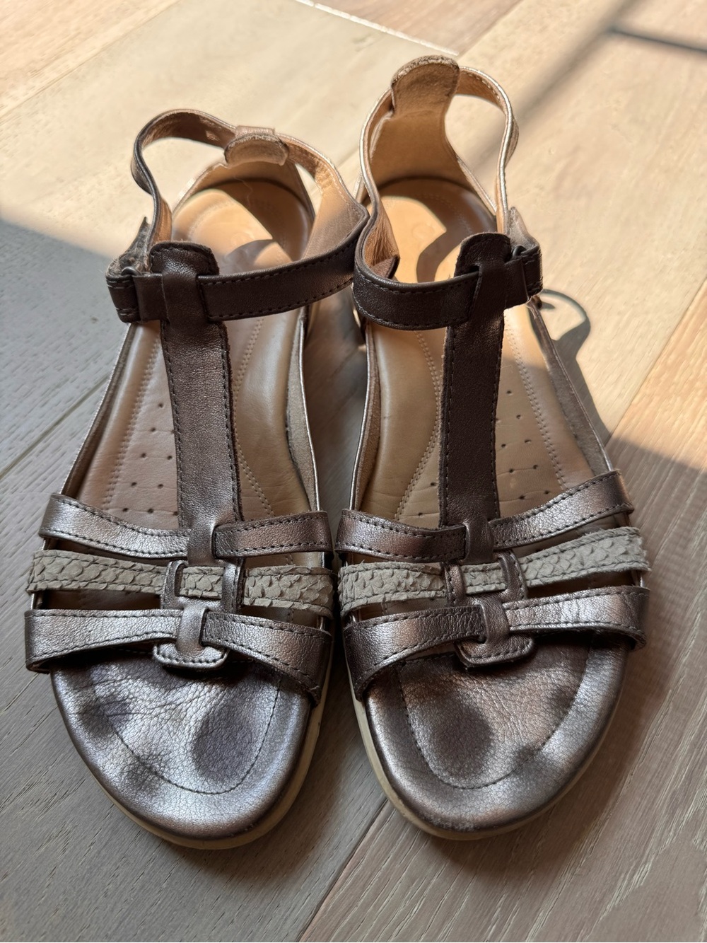 Ecco Metallic Brown T-Strap Sandals